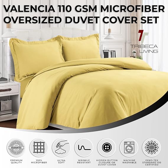 Tribeca Living King Duvet Cover Set, Soft Plain Bed Set Wrinkle Resistant Bedding, Microfiber, Includes One Duvet Cover and Two Sham Pillowcases, Durable Bedding 110 GSM, Valencia/Gold