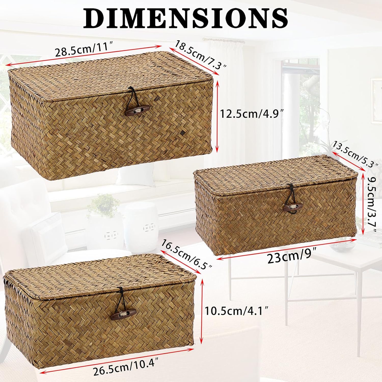 Wicker Basket With Lid - Rectangular Lidded Basket Box Natural Seagrass Storage Baskets Woven Decorative Basket Bin for Shelf Home Decor,Caramel Color,Set of 3
