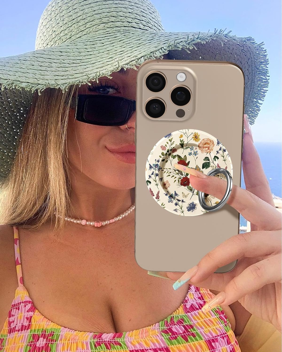 Toycamp Magnetic Phone Grip - Compatible with MagSafe Phone Grip Ring Stand for iPhone 17/16/15/14/13/12 Series Vintage Flowers Cute Phone Ring Holder Grip for Women Girls Girly