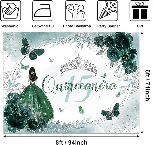Miniatura 7 de Avezano Quinceañera - Telón de fondo de princesa número 15, vestido verde azulado para niñas de México, fondo dulce de 15 años, fondos de cumpleaños