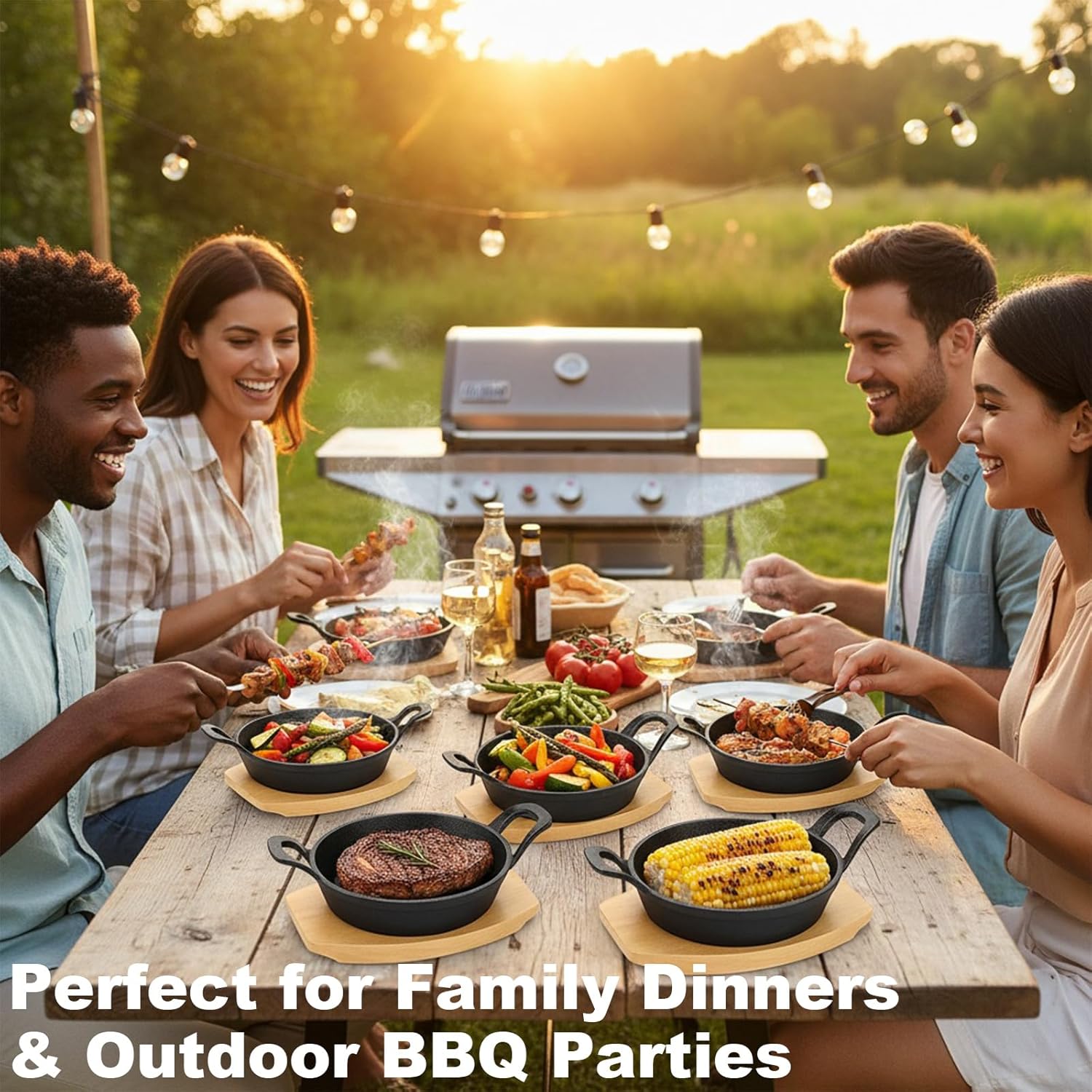 4 Sets Mini Cast Iron Skillet, 6.3 Inch Small Cast Iron Skillets with Wooden Base, Round Mini Pan Fajita Plate Iron Pan Pot, Heavy Duty Cast-iron Cookware for Baking, Frying, Cooking, Serving & More