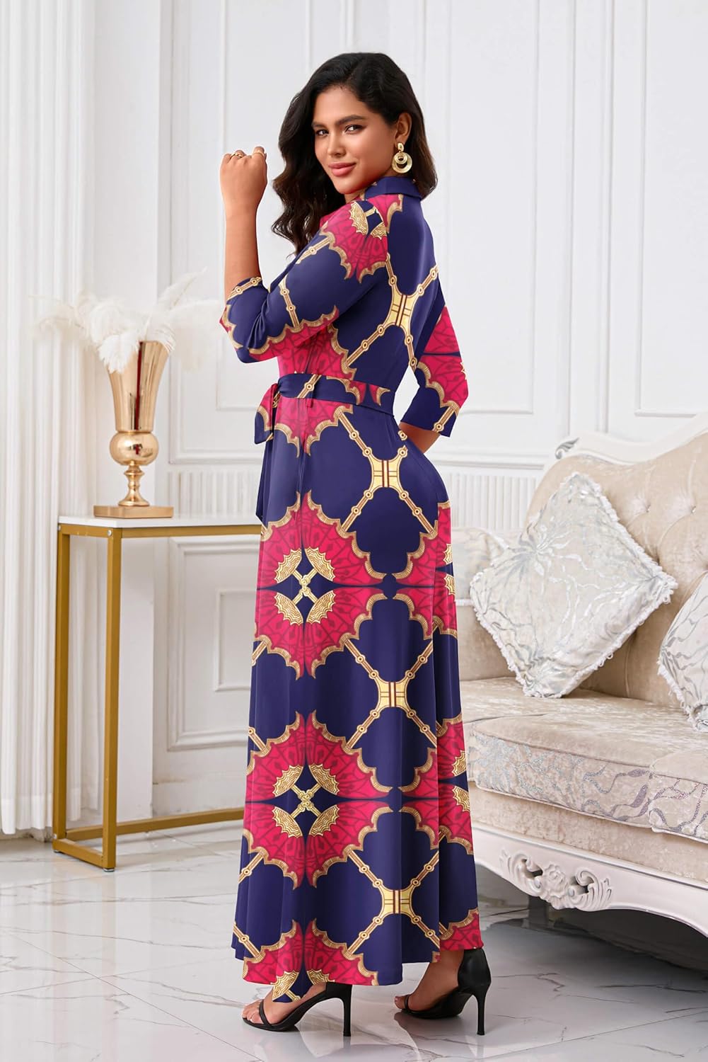 Runwind Women Church Maxi Dresses 3/4 Sleeve Button Down Print Casual Office Dress African - Image 6