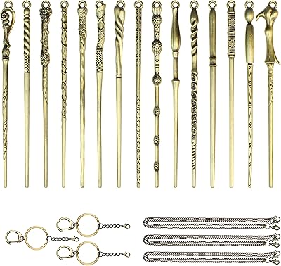 Mini Magic Wand Set 15PCS Wizard Keychain Necklace Collection Wands Kit Witch Keyring Pendant Ornaments Decorations with G...