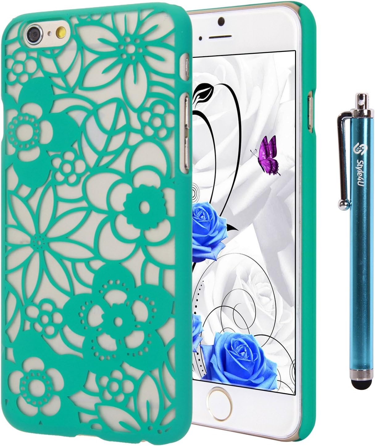 iPhone 6 Case, Style4U iPhone 6 [Teal] Flower Design Slim Fit Case Cover for Apple iPhone 6 4.7 Inch with 1 Stylus and 1 HD Clear Screen Protector [Teal]