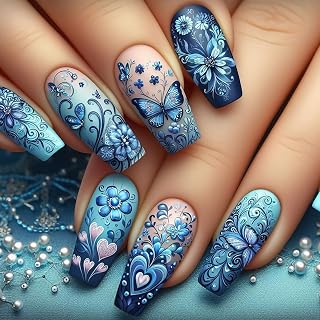 KTAABTR Blue Press on Nails Medium Length, Butterfly Fake Nails with Glue Matte Acrylic Nails Design Flowers Butterflies Hearts stick on Nails for Woman 24Pcs Coffin Artificial Nails Decoration Set