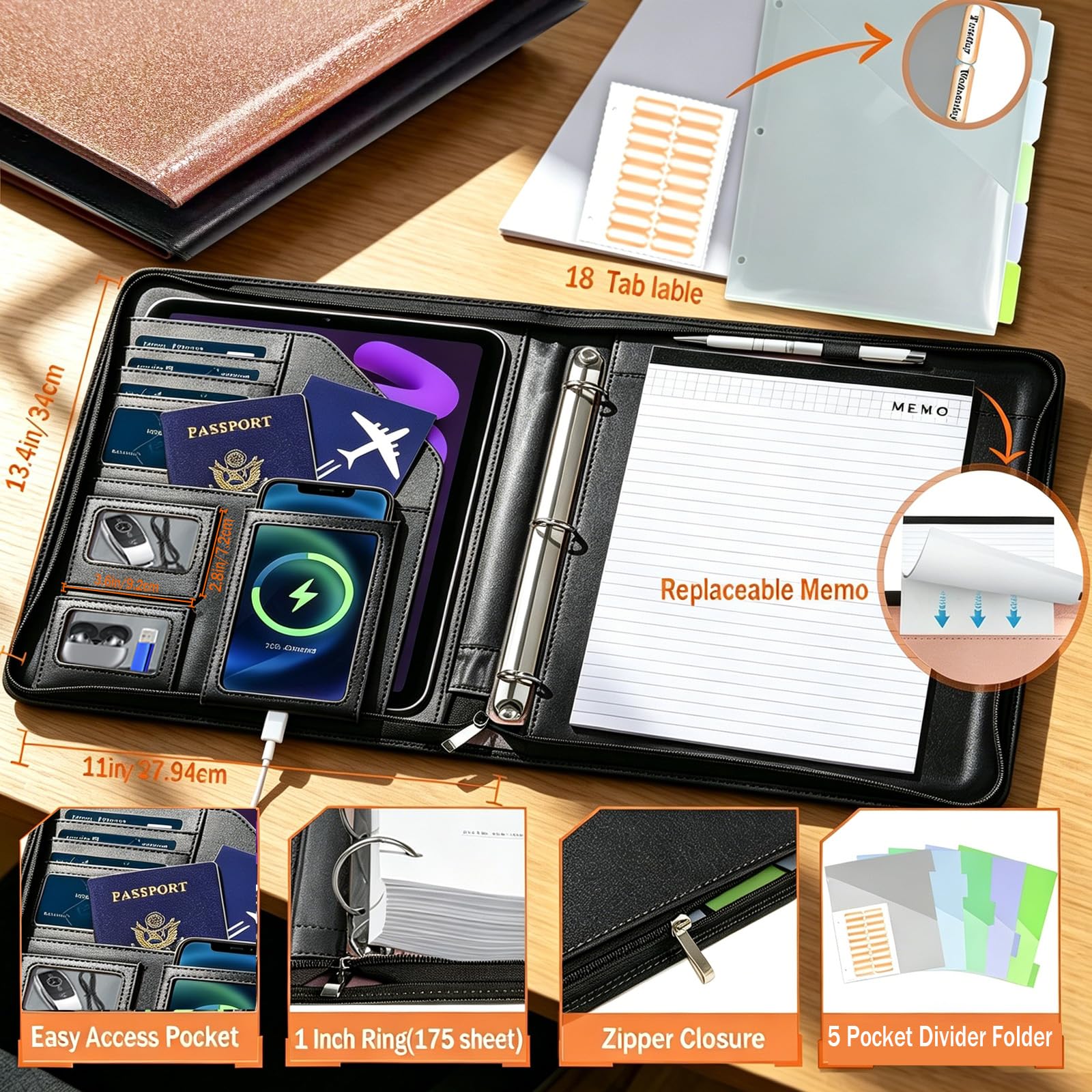 Portapapeles de cuero con almacenamiento, portafolio negro, carpeta extraíble de 3 anillos con cremallera de 1 pulgada, organizador de documentos para mujeres y hombres con bloc de notas, 5