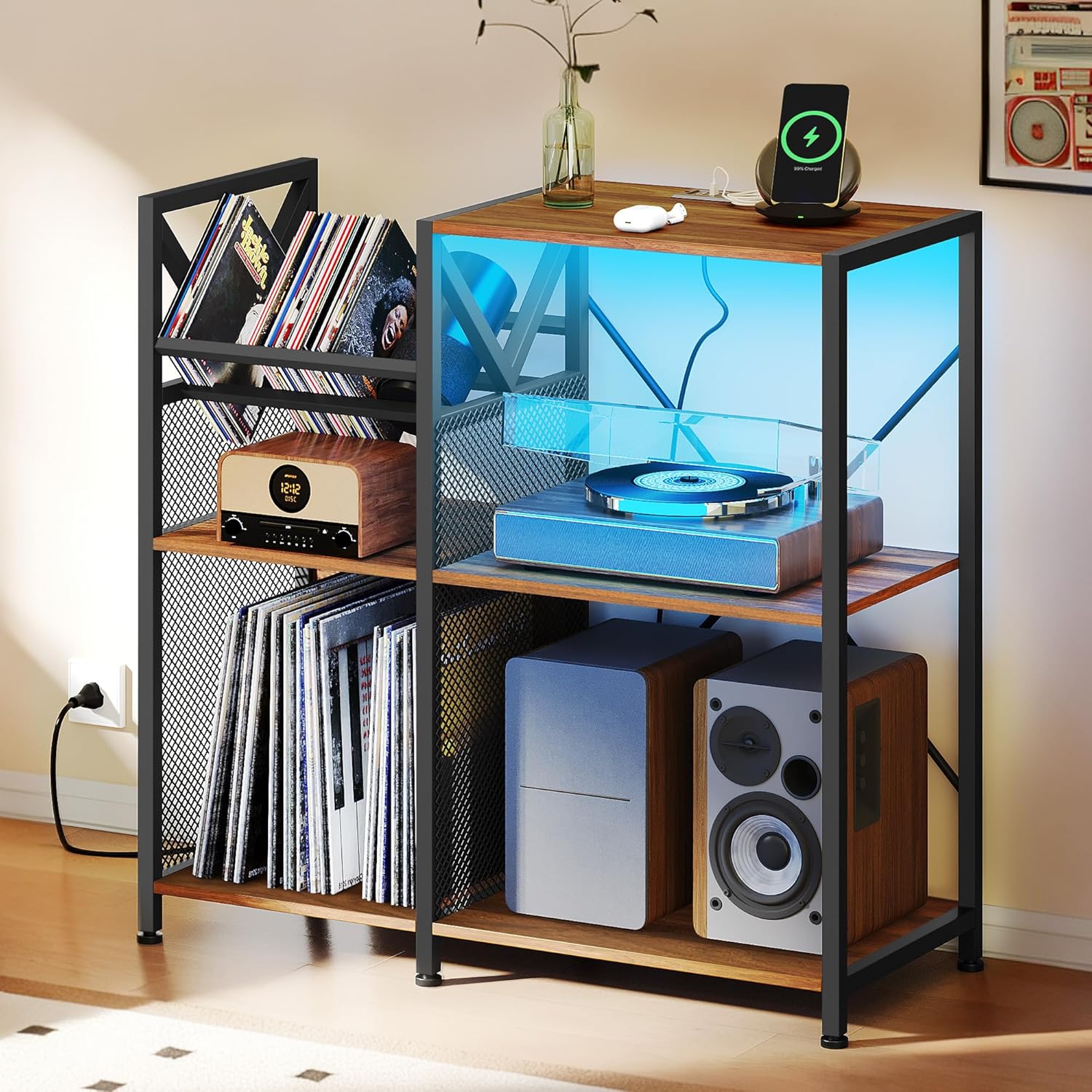 YITAHOME Record Player Stand with Storage, Multi-Storage Shelving, Integrated Power Strip & RGB Light Strip - Organizer for Vinyl Records, CDs, and Audio Equipment