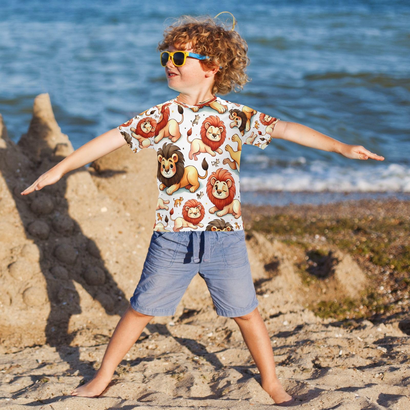 MNSRUU Toddler Boy Rash Guard Short Sleeve Swim Shirt Lion Print Rashguard 3T Beach Shirts Quick Dry,19