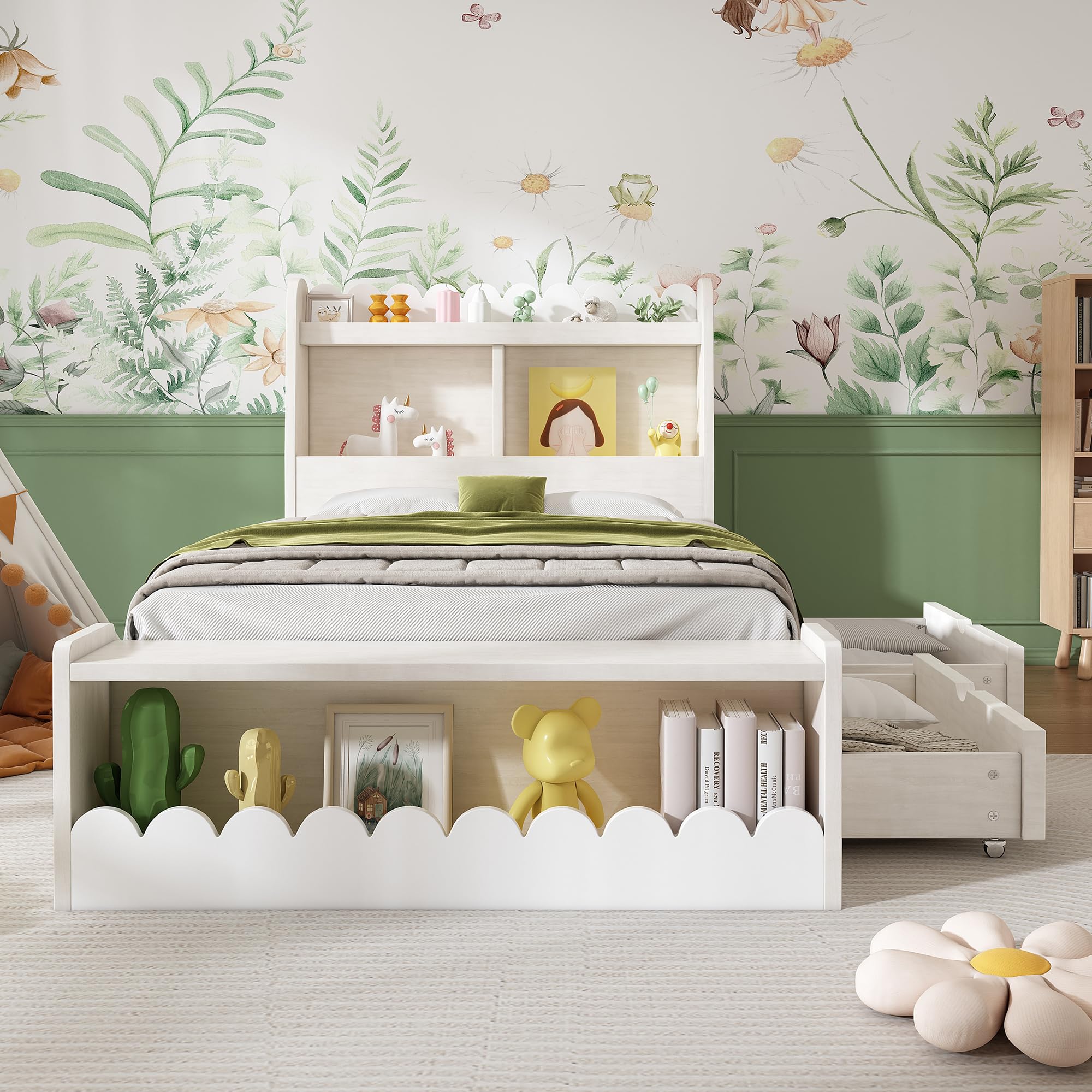 LAKFEW Cama 90x190 cm Camas Infantiles con Banco de Almacenaje y 2 Cajones, Cama Individual Camas Juveniles con Almacenamiento en Cabecero, Estructura de Madera, Blanco+Roble Claro, Sin Colchón