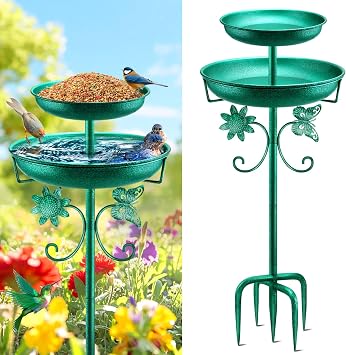 Daoeny Bird Bath for Outside, 42In Vintage Freestanding Birdbaths for Outdoors, Double Metal Bird Bath Feeder Bowls for Garden Patio Yard Lawn Decor, Upgraded 5-Pronged Base Green