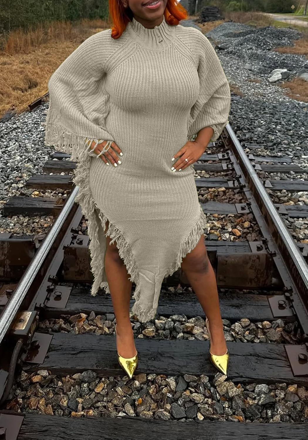 SHINFY Women Fall Batwing Sleeves Sweater Dress Tassel Fringe High Slit Bodycon Ribbed Knit Elegant Midi Dresses - Image 3