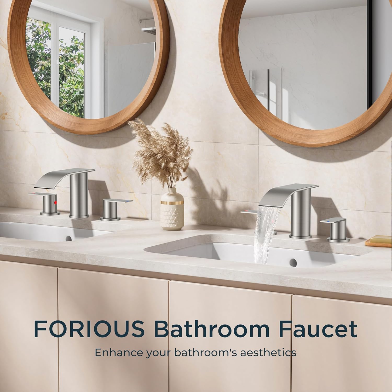 FORIOUS Upgrade Bathroom Faucets 3 Hole Brushed Nickel, Waterfall 8 Inch Widespread Bathroom Sink Faucet with Pop-up Drain and Supply Lines, Two Handles for Vanity, Farmhouse, School Restroom Sink - Image 3