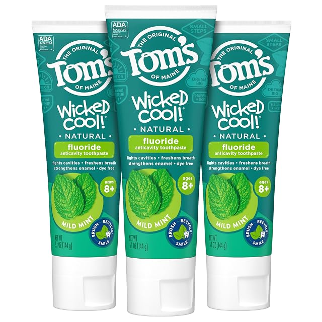 Toms of Maine ADA Approved Wicked Cool Fluoride Childrens Toothpaste Natural Toothpaste Dye Free No Artificial Preservatives Mild