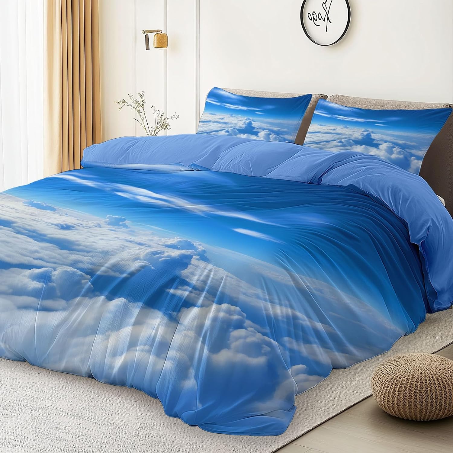 3PCS Blue Duvet Cover Set, Nature Blue Sky and White Clouds Pattern Bedding with Zipper Closure, Duvet Cover Full Size Print for Girls Kids and Teens Home Décor