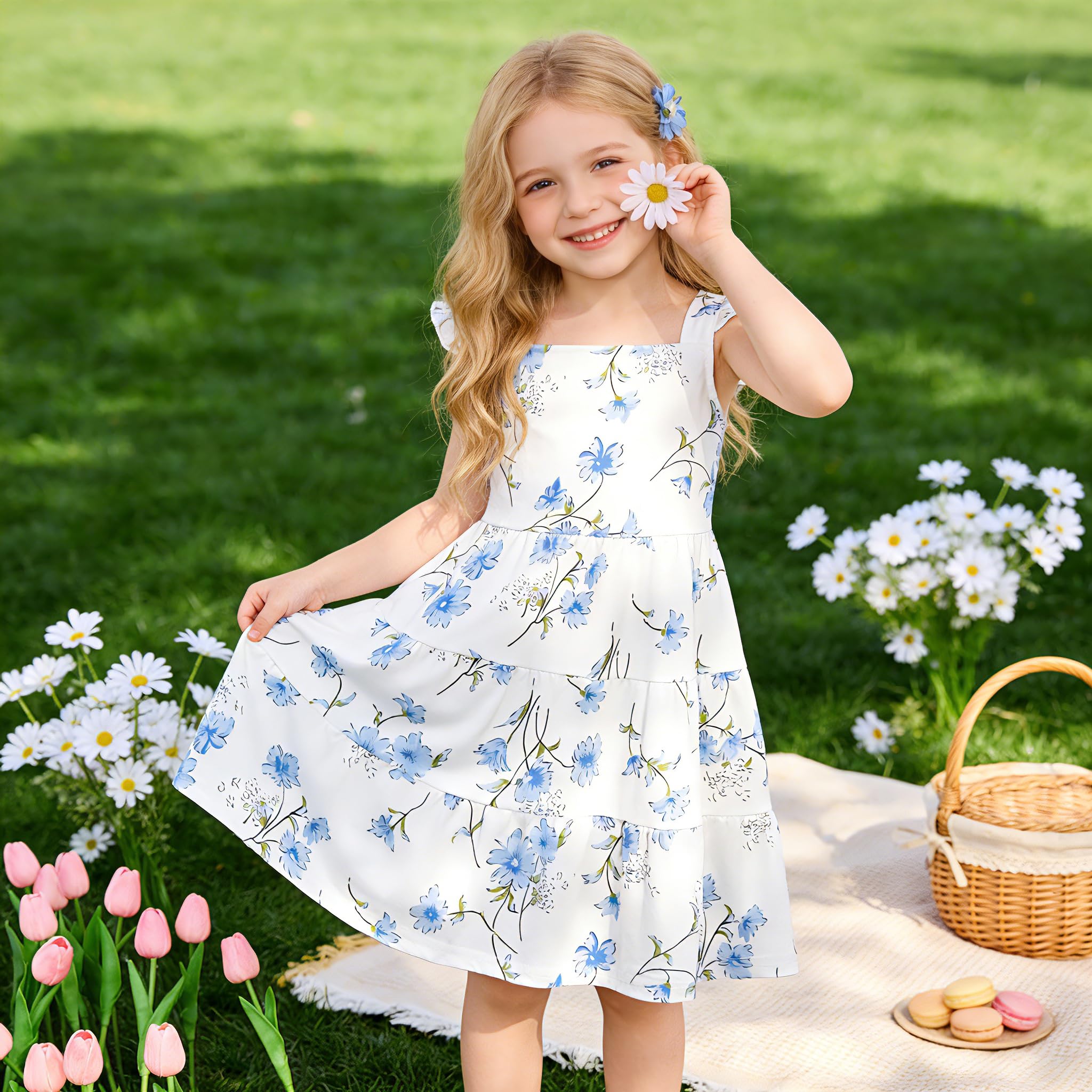 Vestido de verano para niñas pequeñas, vestido de verano con mangas con vuelo, vestido escalonado para niños, vestidos fruncidos, trajes casuales para niños, talla 2T-7T