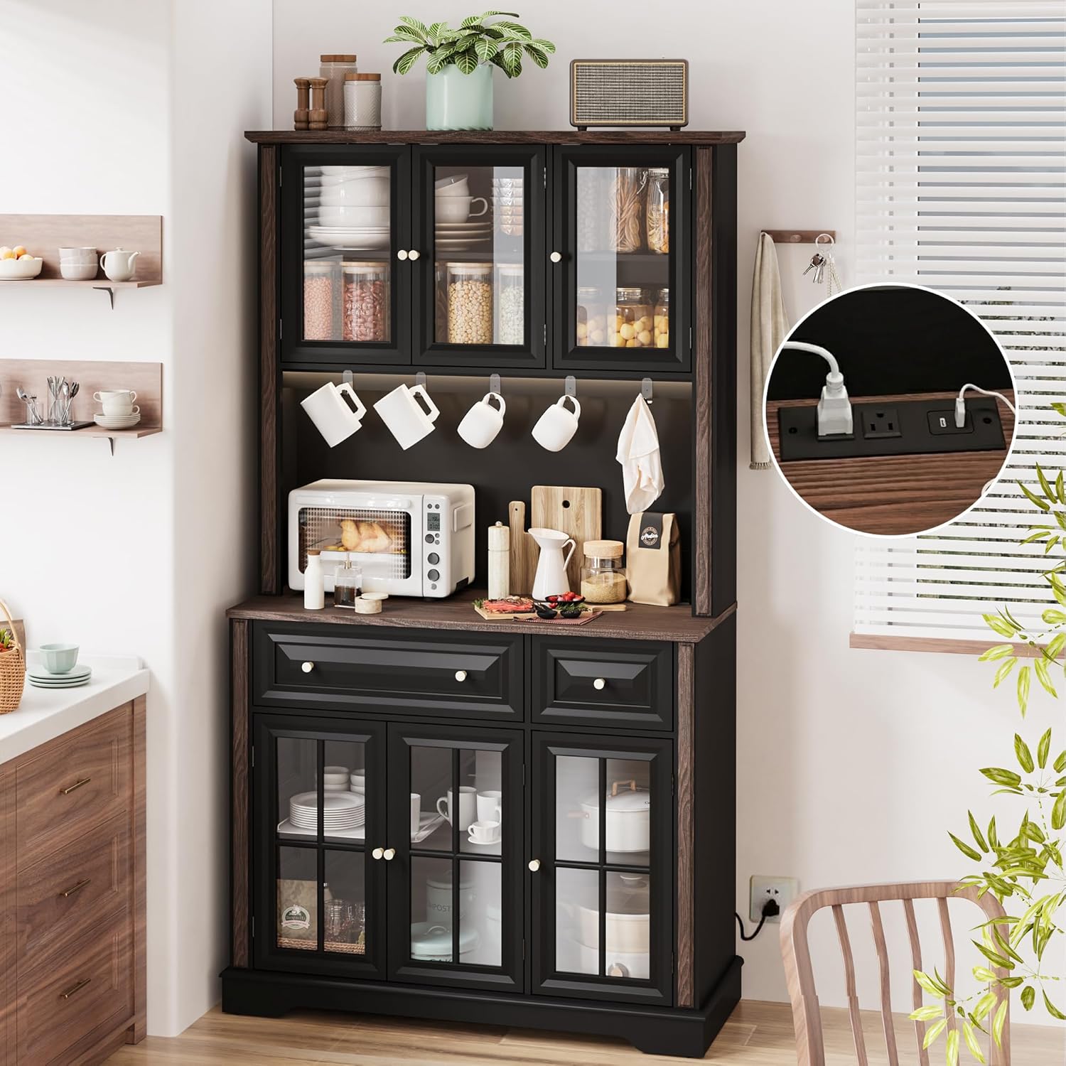 70" Kitchen Pantry Cabinet with Power Outlet| LED Lights, 38" W Kitchen Hutch Storage Cabinet with Countertop, Tall Kitchens Hutch Cabinets for Home Dining Living Room, Black