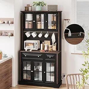 70-inch Kitchen Pantry Cabinet with Power Outlet, LED Lights, and Countertop - Black