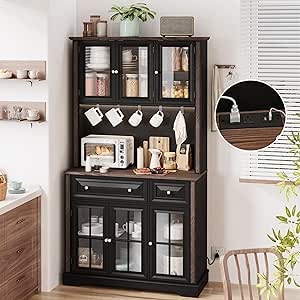 70-Inch Kitchen Pantry Cabinet with Power Outlet, LED Lights, and Countertop