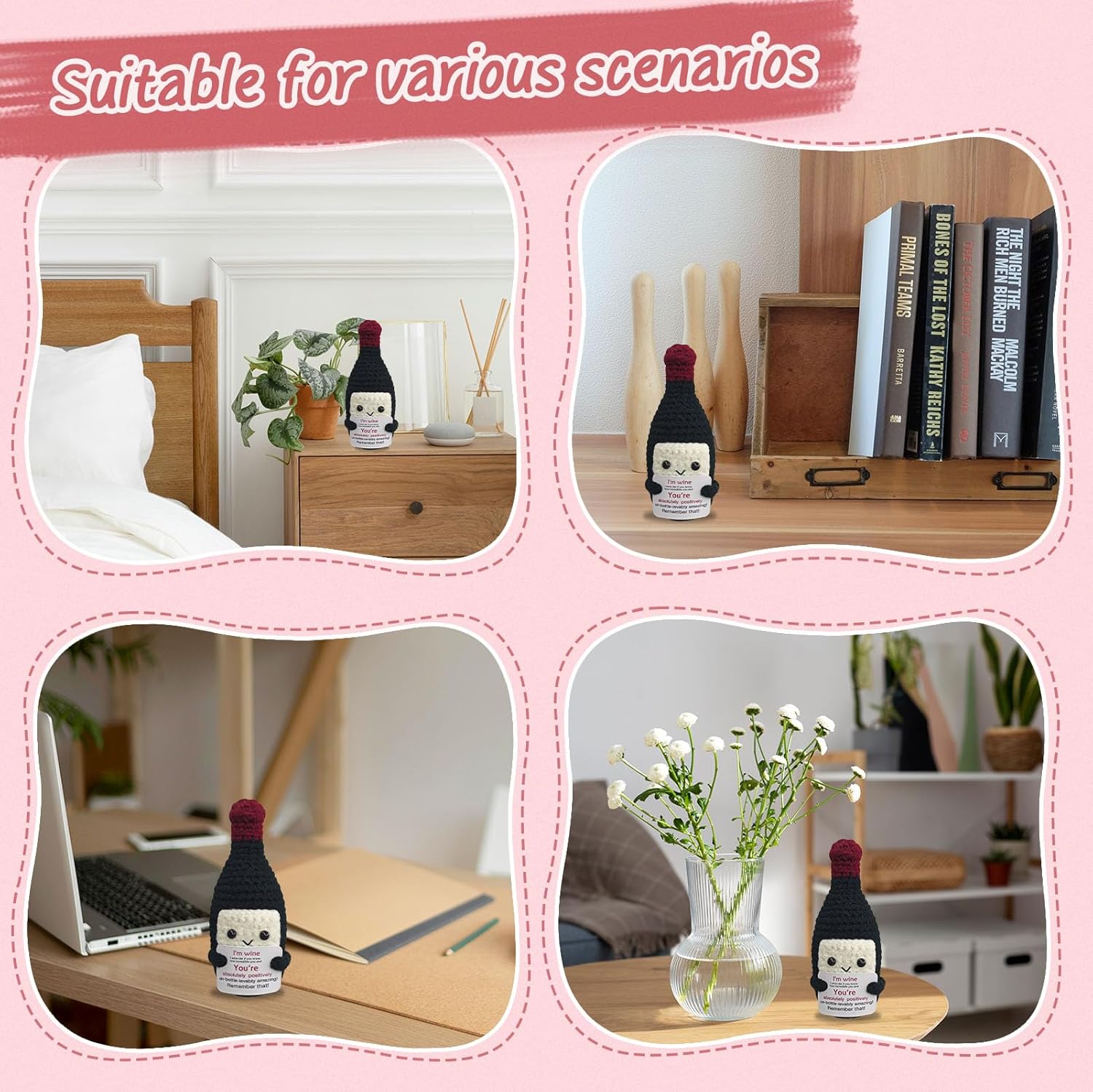 Funny Crochet Mini Wine Bottle - Valentine's Day Gift for WineLovers,Unique Handmade Emotional Support Wine Gifts,Cute Desk & Home Decor for Him or Her,Creative w-i-n-e Themed Gift Idea - Image 4