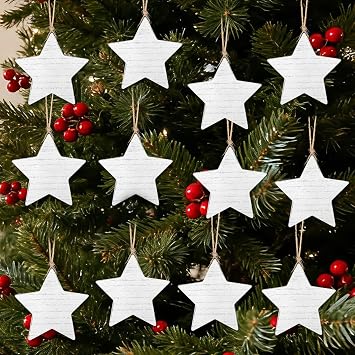 3.9 Inch Wooden Star Christmas Ornaments 12 PCS Farmhouse White Wooden