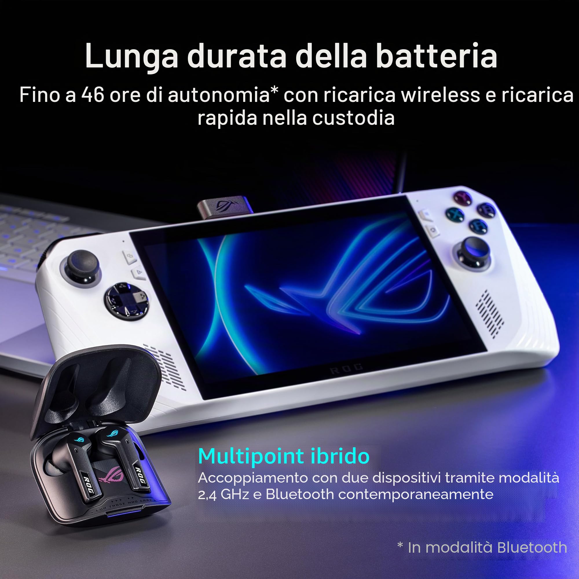 ASUS ROG Cetra True Wireless Speednova Cuffie Gaming Senza Fili, Tecnologia Wireless ROG SpeedNova, Audio 24 bit 96 kHz, Microfoni IA a Conduzione Ossea, ANC, Fino a 46 Ore di Autonomia, Bianco