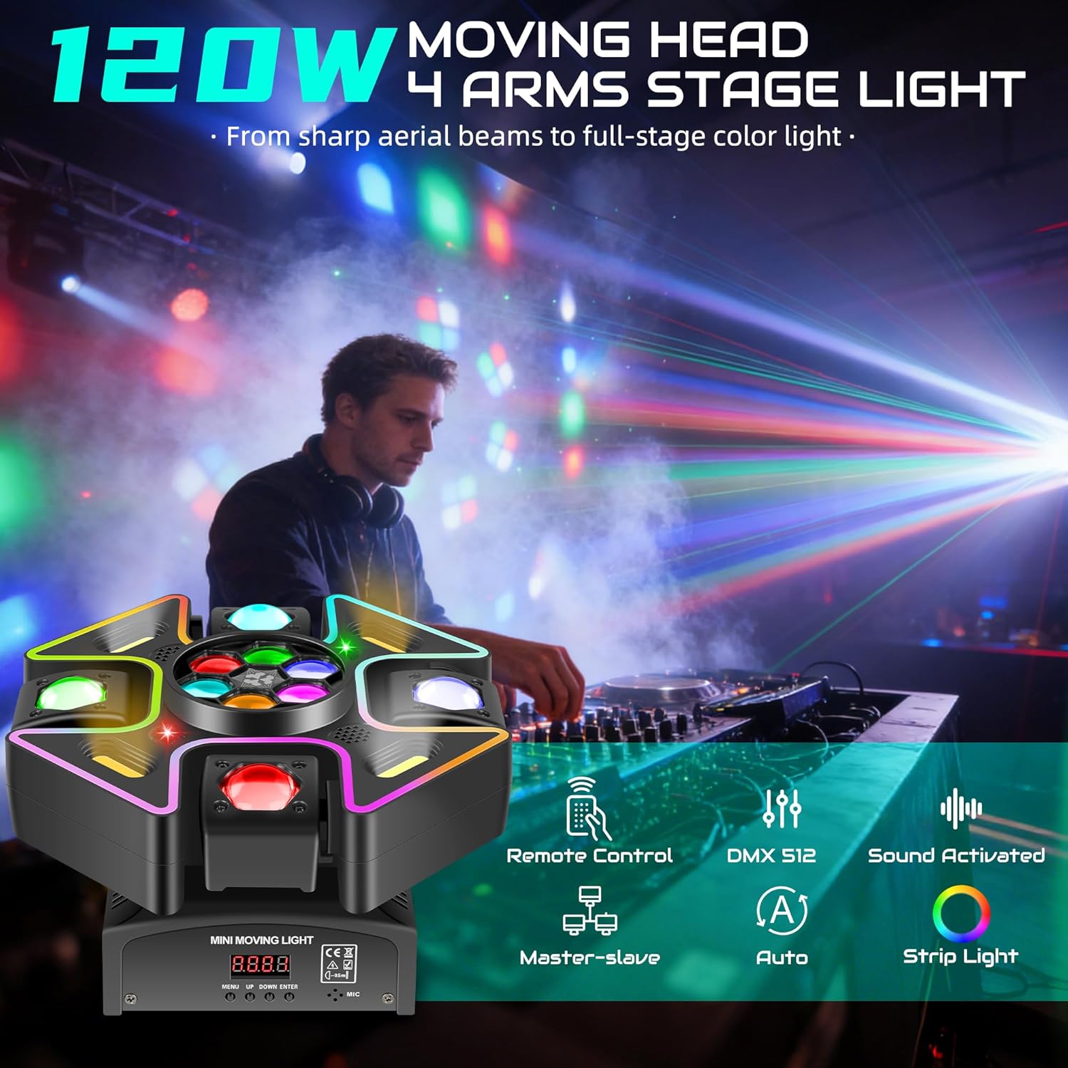 Moving Head DJ Lights,120W LED Stage Light with RGB Light Strip Feature 4 Arms Beam,Bee-Eyes Effect,Luces DJ Profesional Supports Red Green Starlight,Sound Activated for Disco Club Wedding