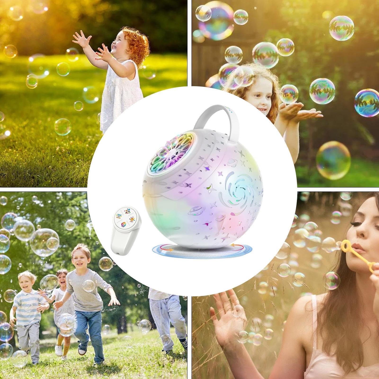 Macchina di bolla per ricaricabile, rotazione a 360° con luce per giochi