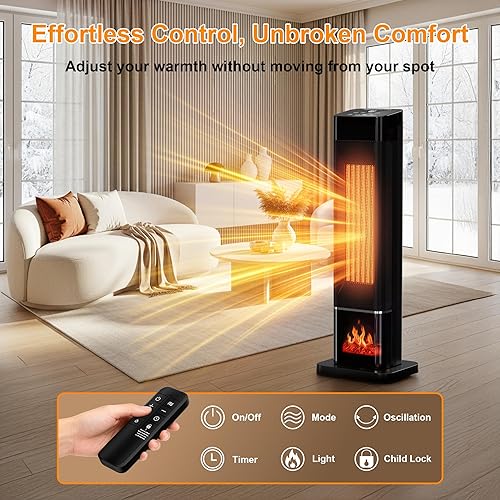 Miniatura 4 de Calentador de espacio interior de 1500 W, calentador eléctrico para oficina, oscilación de 70, control remoto, bloqueo para niños, temporizador de