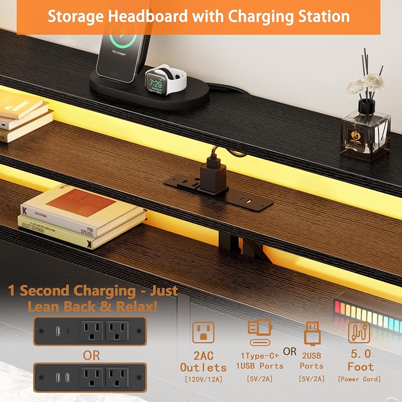 Furnulem Queen Bed Frame with Charging Station and LED Lights, Black Oak image 6