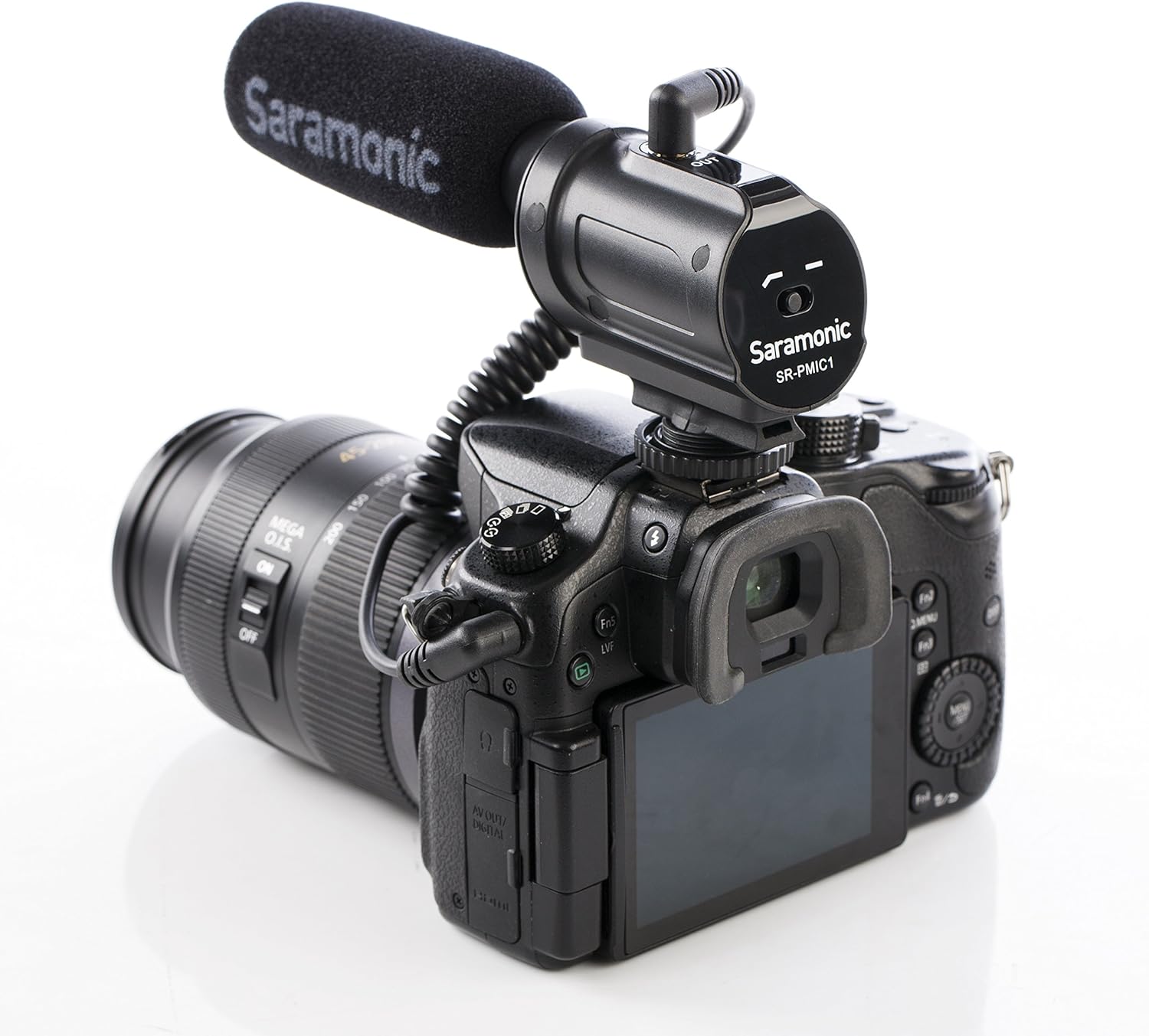 Saramonic SR-PMIC1 microphone mounted on a DSLR camera