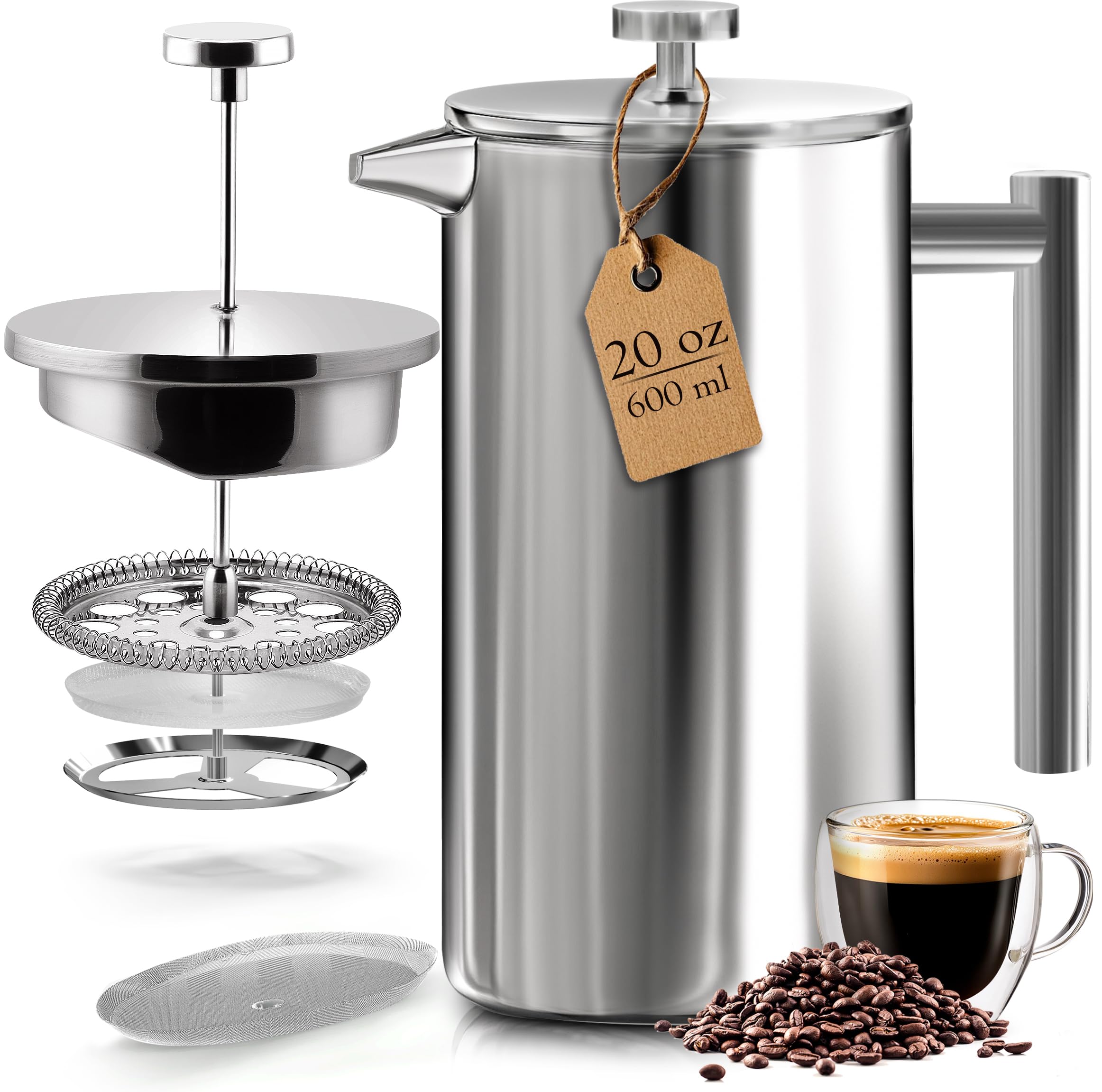 KICHLY 600ml Stainless Steel French Press - Double Wall Coffee Press - Stainless Steel Plunger Coffee & Tea Maker (Silver, 0.6 Ltr, Pack of 12)