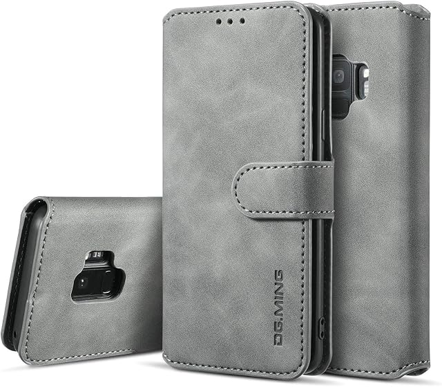 UEEBAI PU Leather Case for Samsung Galaxy S9, Vintage Retro Premium Wallet Flip Cover TPU Inner Shell [Card Slots] [Magnetic Closure] Stand Function Folio Shockproof Full Protection - Grey