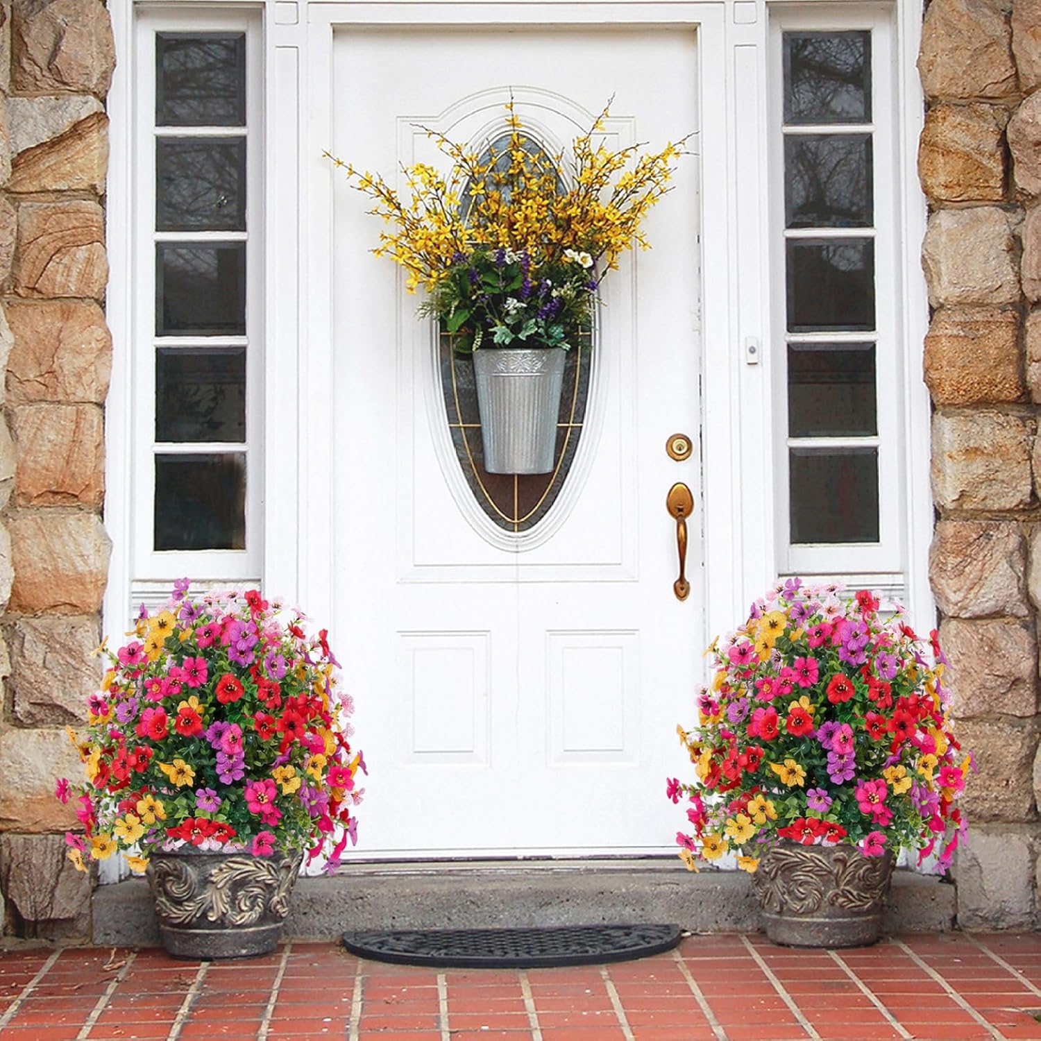 Artificial Topiary, Set of 2 Colorful Faux Violet Shrubs - with Ground Stakes for Garden, Porch, Patio Decor