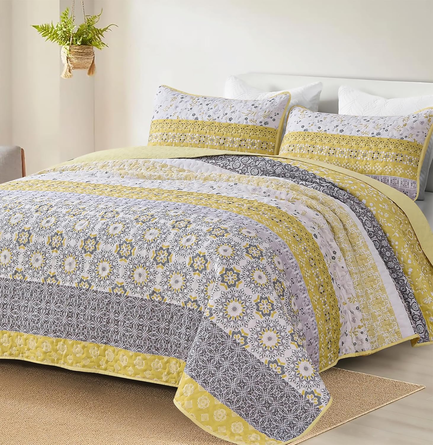 WONGS BEDDING Boho Quilt Set Full Size, Yellow Bohemian Striped Patchwork Bedspread Coverlet Set with 2 Pillowcases,Lightweight Microfiber Floral Bedding Set 78"×90"