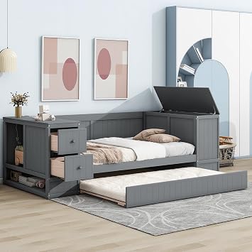 Twin Size Daybed with Trundle, Wood Twin Daybed Frame with Drawers, Storage Arms and Charging Station, Sofa Bed for Bedroom/Living Room, Gray