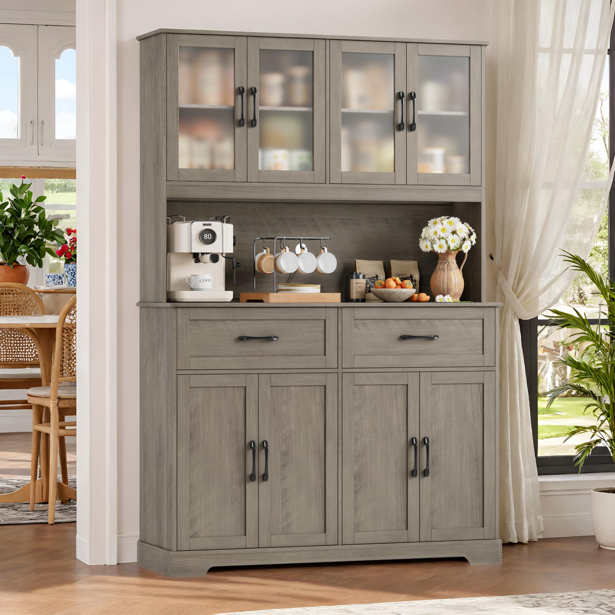 71" Farmhouse Kitchen Pantry Cabinet, Tall Kitchen Cabinet with Microwave Stand, Hutch with Large Drawer and Shelves for Dining Room, Grey