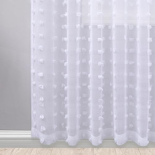 Miniatura 5 de KOUFALL Cortinas transparentes blancas con bolsillo para barra y pestaña trasera, con pompones, 52 x 102 pulgadas de largo