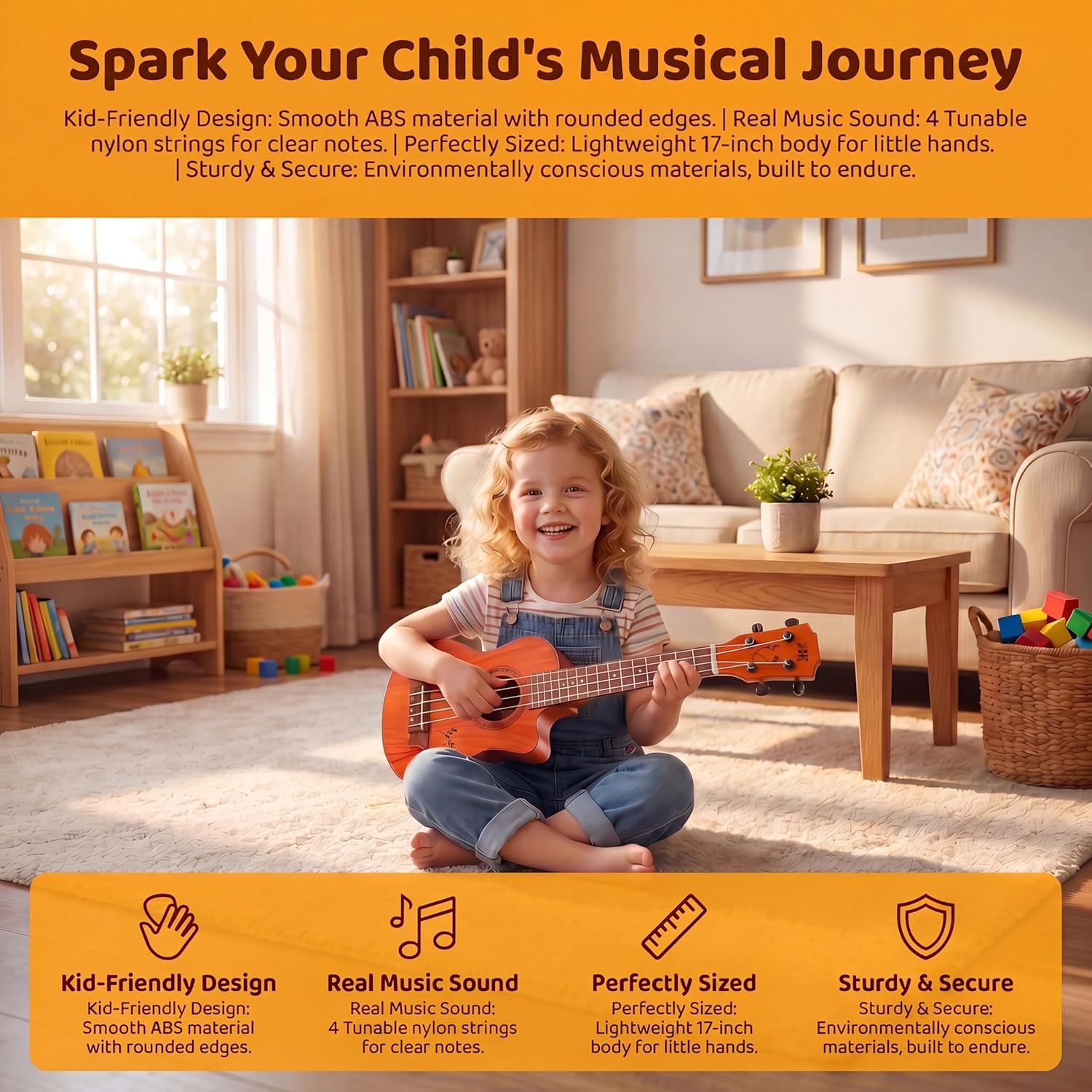 Raimy 17in Kids Ukulele Toy Guitar 4 Strings for Age 3-6 image 2