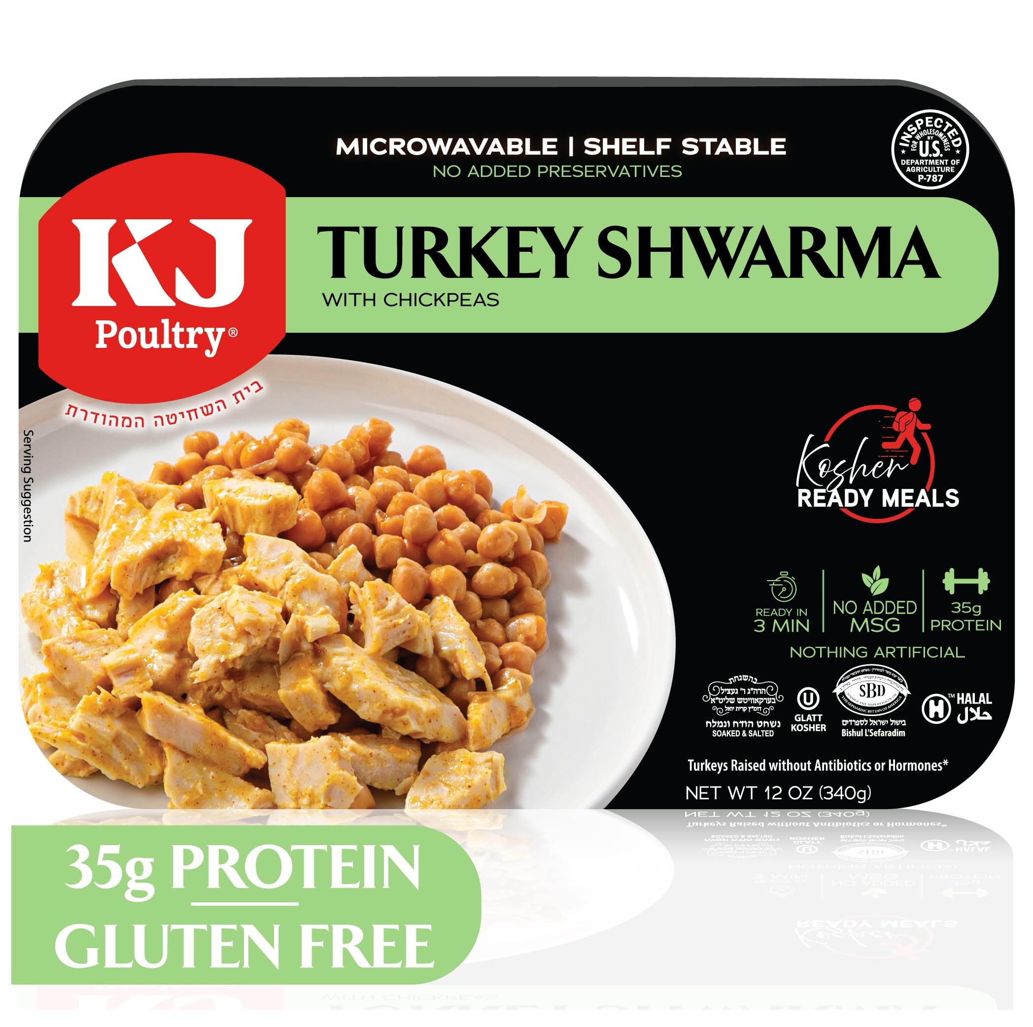 KJ Poultry Kosher Ready Meals - Turkey Shwarma, MRE Meat Meals Ready to Eat, Gluten Free, Halal, (1 Pack) Prepared Entree Fully Cooked, Shelf Stable Microwave Dinner, Travel, Military, Camping