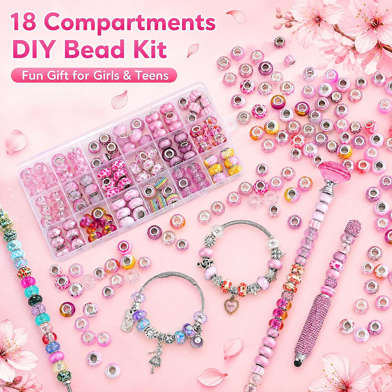 European Large Hole Spacer Charm Beads for DIY Bracelet Jewelry Making, Storage Box Kit, Gift for Girls and Teens (Black, 110 Pcs 20 Style)