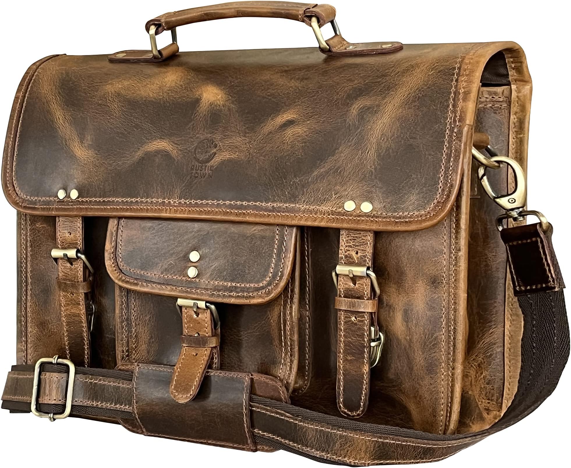 Rustic Town Leather Laptop Bag for Men - Top Grain Messenger Shoulder Computer Bag Vintage Satchel Briefcase Designer School College Office Bag