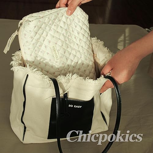 Miniatura 6 de Chicpokics Bolsa de maquillaje, bolsa de cosméticos acolchada, bonita bolsa de maquillaje de flora, gran organizador de viaje estético para