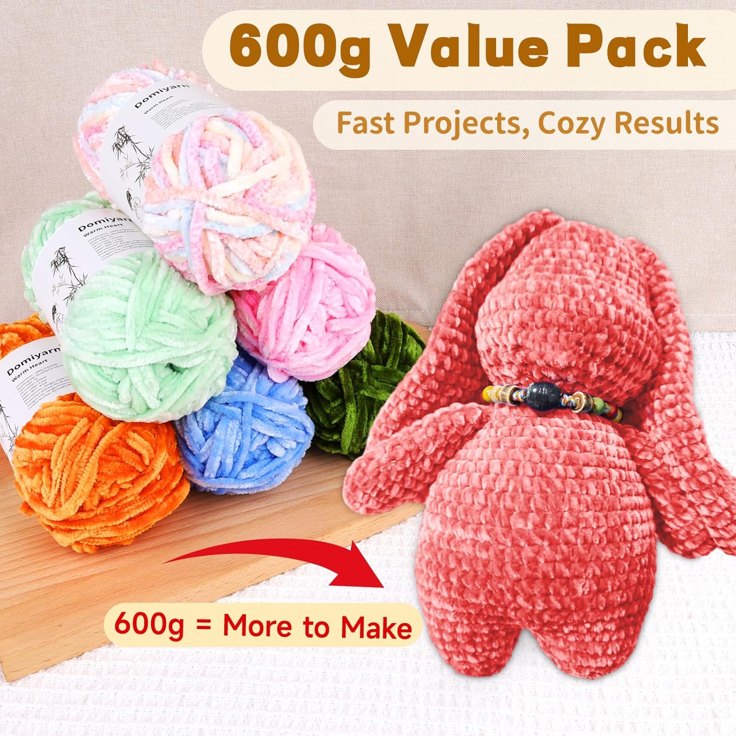 Velvet Chenille Yarn Pack – 6 Skeins × 100g Super Bulky (CYC #6) – Soft Velvet Chunky for Crocheting & Knitting, Fluffy Chenille Yarn for Blankets, Scarves & Crafts (Multicolor)