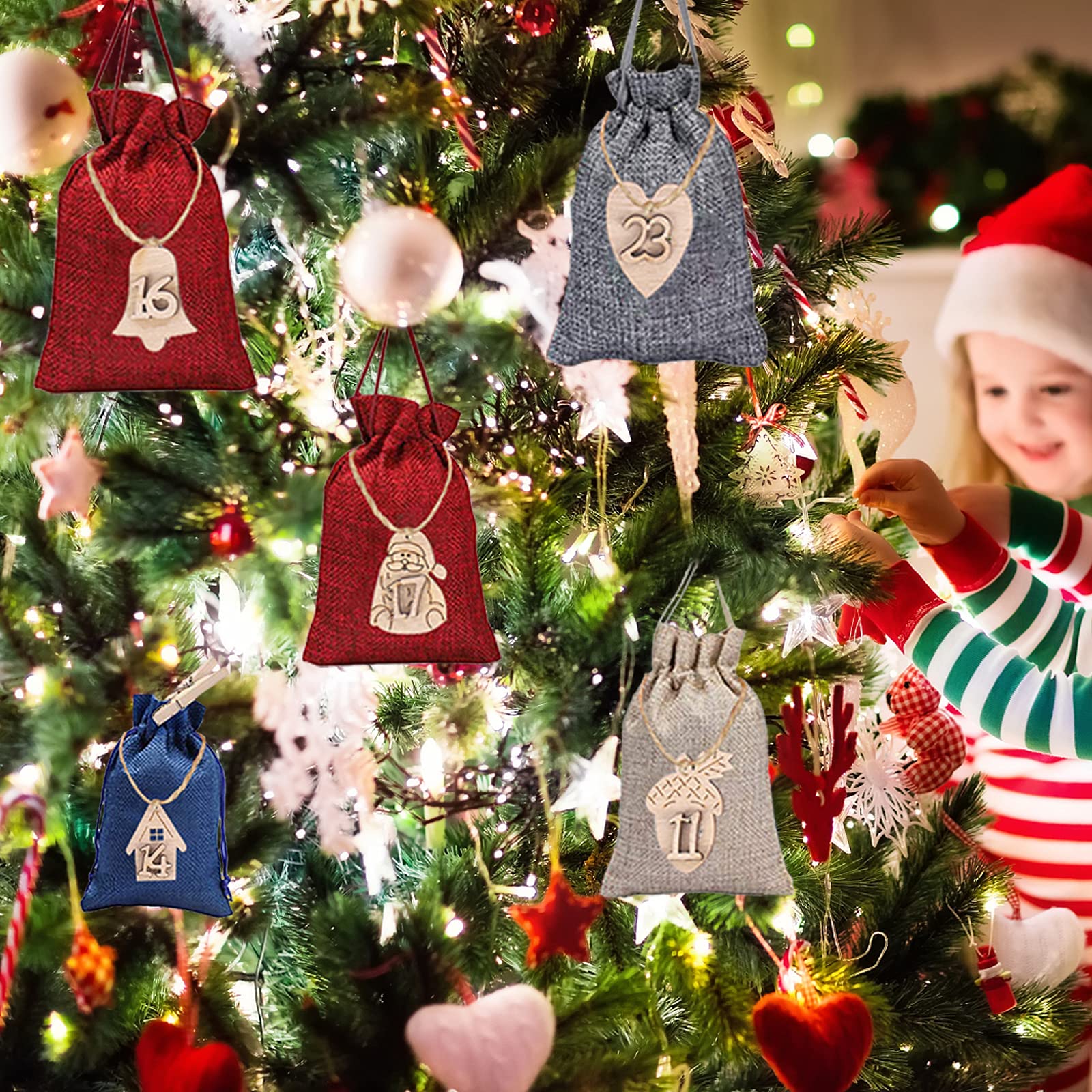 Calendario De Adviento De Tela Con Forma De árbol Navideño, 24 Bolsillos Reutilizables, Colgante, Con Motivos Florales, Ideal Para Cuenta Atrás En Familia