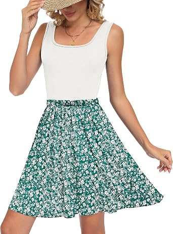 WNEEDU Sleeveless Beach Dress Women's Floral Summer Dress Swing with Pockets Women's sexy mini dress high waist swing dresses stretch ribbed casual dresses scoop neck tank dress light and airy