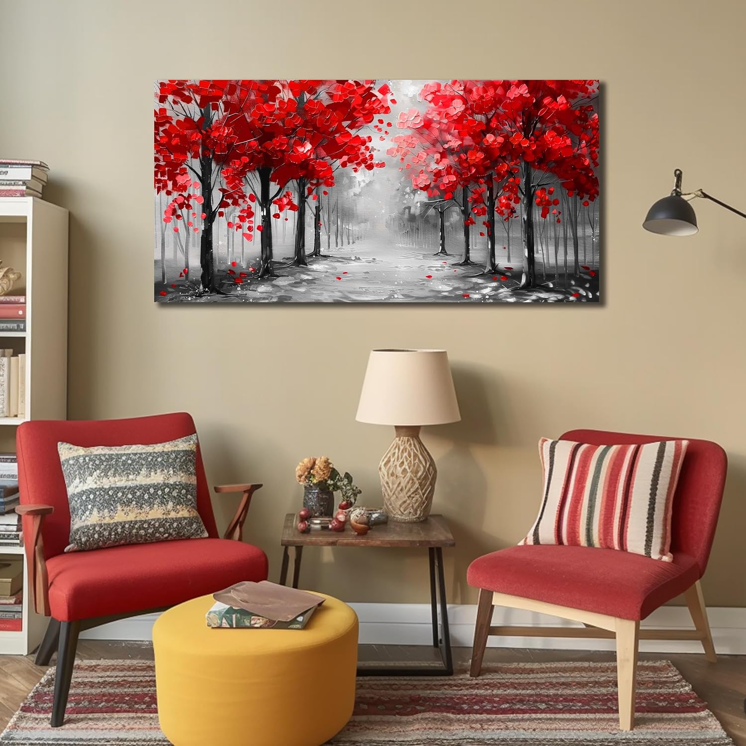 ENTANUB Tree Wall Art for Living Room, Black and Red Canvas Wall-Decor for Bedroom, Size 48x24 Inches
