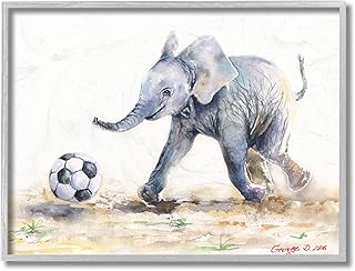 Stupell Industries Elephant Baby Playing Soccer Adorable Jungle Animal, Design by George Dyachenko Grey Framed Wall Art, 11 x 14