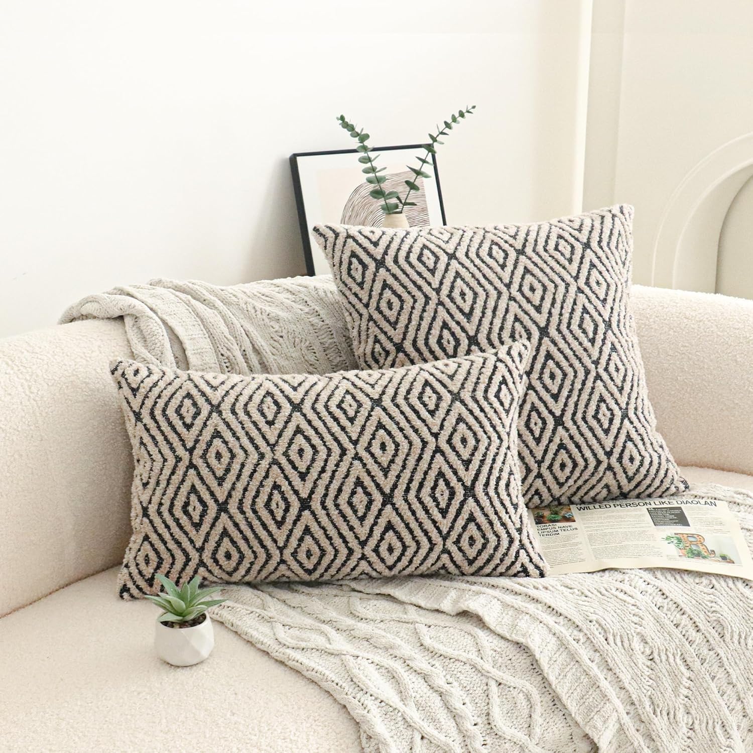 Jonhier Black White Boho Lumbar Throw Pillow Cover, Neutral Textured Geometric Rhombic Pattern Pillowcase, Farmhouse Accent Decorative Sham for Sofa Couch Bedroom Living Room, 12 x 20 inches, 1PCS - Image 6