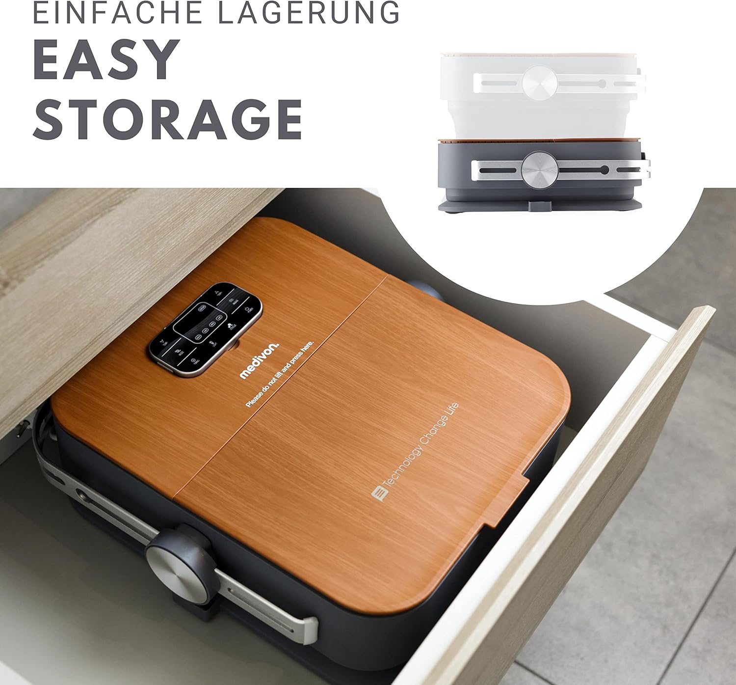 The Medivon Aqua Pro Foot Massager folded and neatly stored inside a drawer, demonstrating its space-saving design.