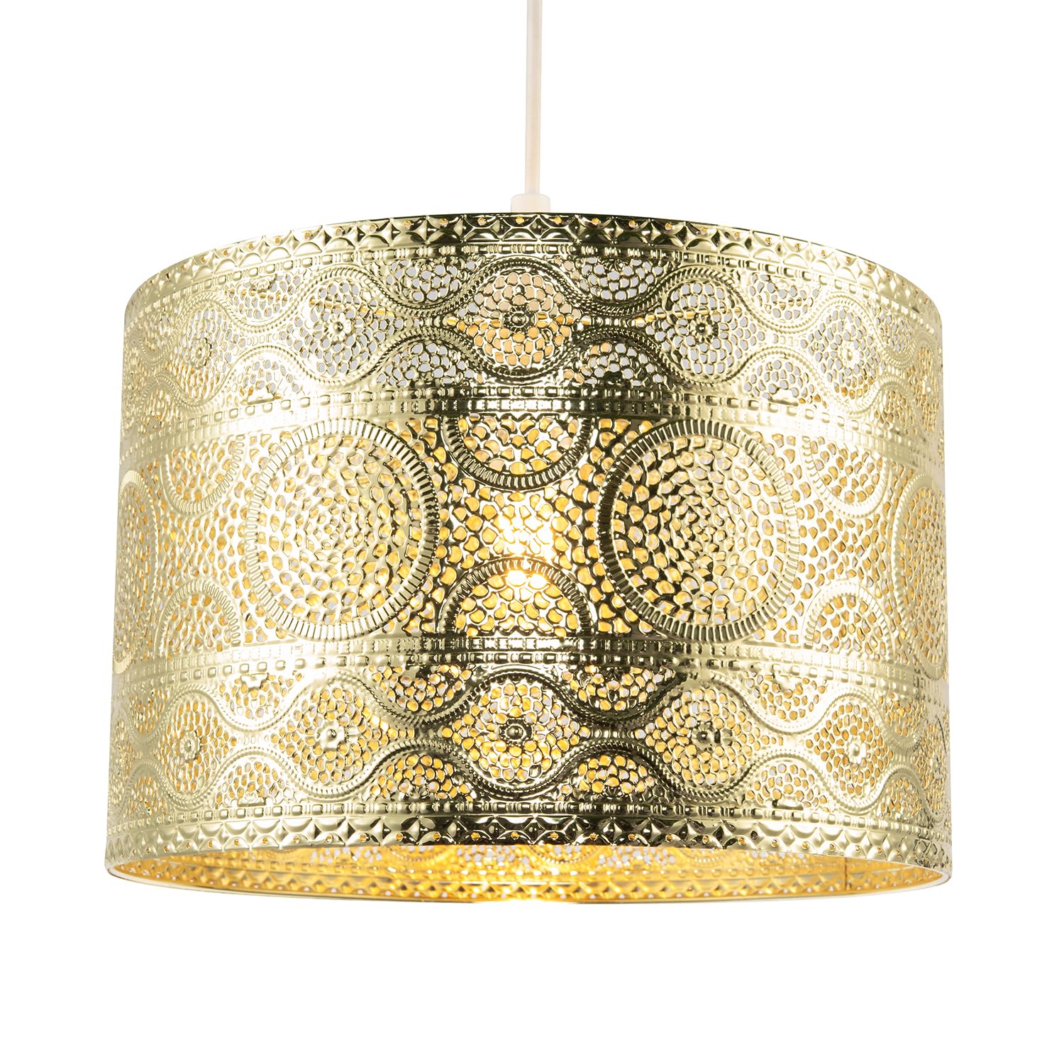 Classic Ornate Moroccan Designed Pendant Light Shade with Wavy Lines and Decorative Circles | 20cm x 30cm | Polished Gold Colour by Happy Homewares